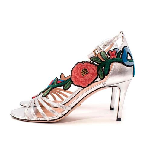 Gucci Ophelia Silver Leather Floral Embroidered Sandals 